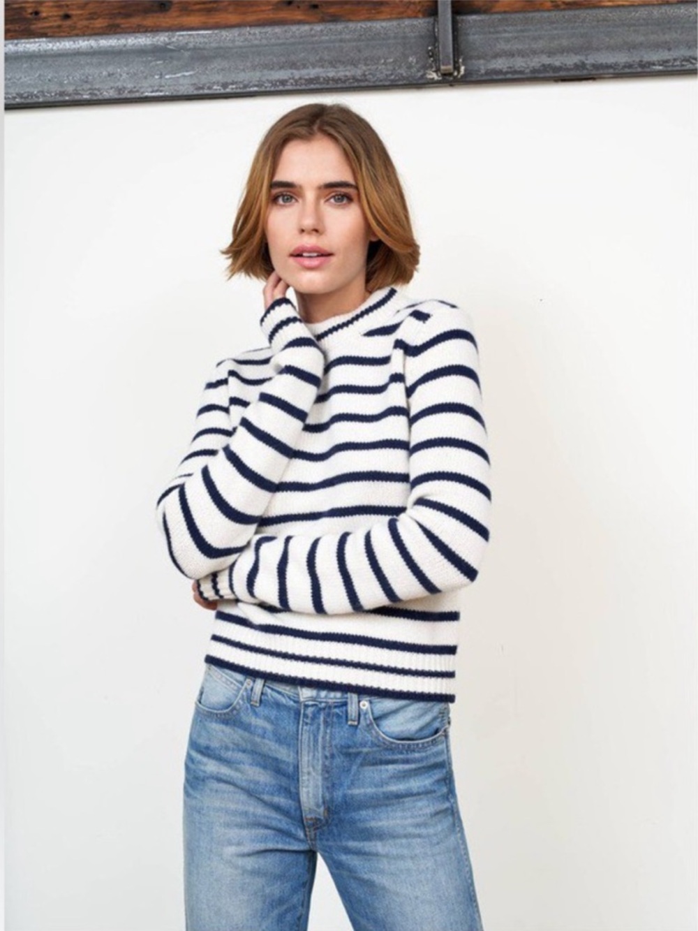 La Ligne Hardy Striped 100% Cashmere Pullover Sweater Medium Blue Cream Knit - Picture 2 of 13